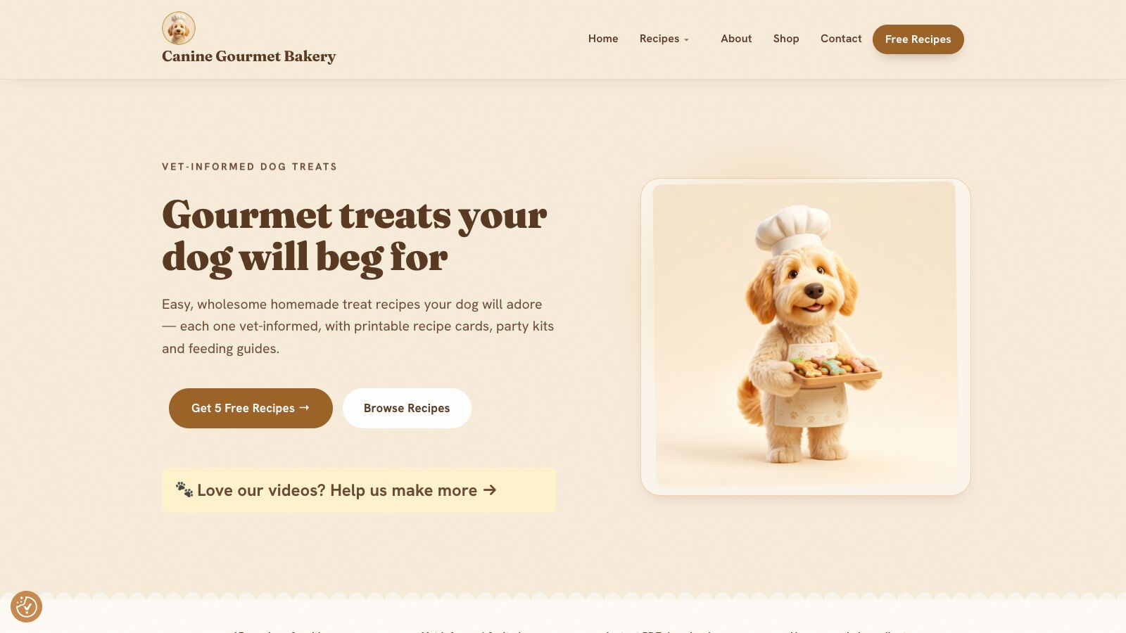 Canine Gourmet Bakery website homepage